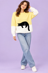 Camisola oversized amarela com motivo de gatos