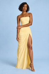 Vestido comprido cai-cai franzido amarelo