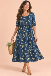 Robe midi trapèze à motif floral bleu marine | Vue de face | Lounelle Paris