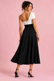Robe midi noire et blanche asymétrique à une épaule | Vue de dos | Lounelle Paris