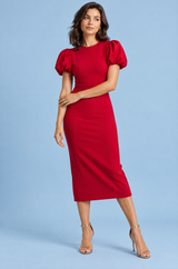 Vestido midi vermelho com mangas balão