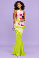 Vestido comprido verde com estampado de papoilas e recortes