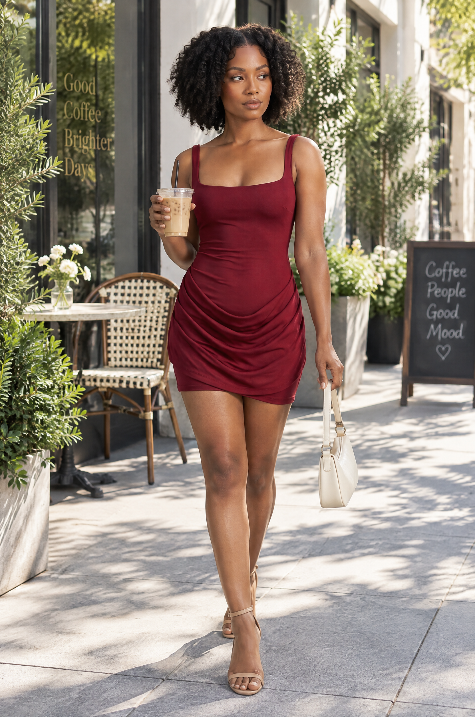 Robe corset bordeaux à fronces | Photo lifestyle | Lounelle Paris