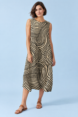 Vestido midi branco-sujo às riscas sem mangas