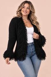 Gilet noir à franges | Porté sur une autre silhouette | Lounelle Paris