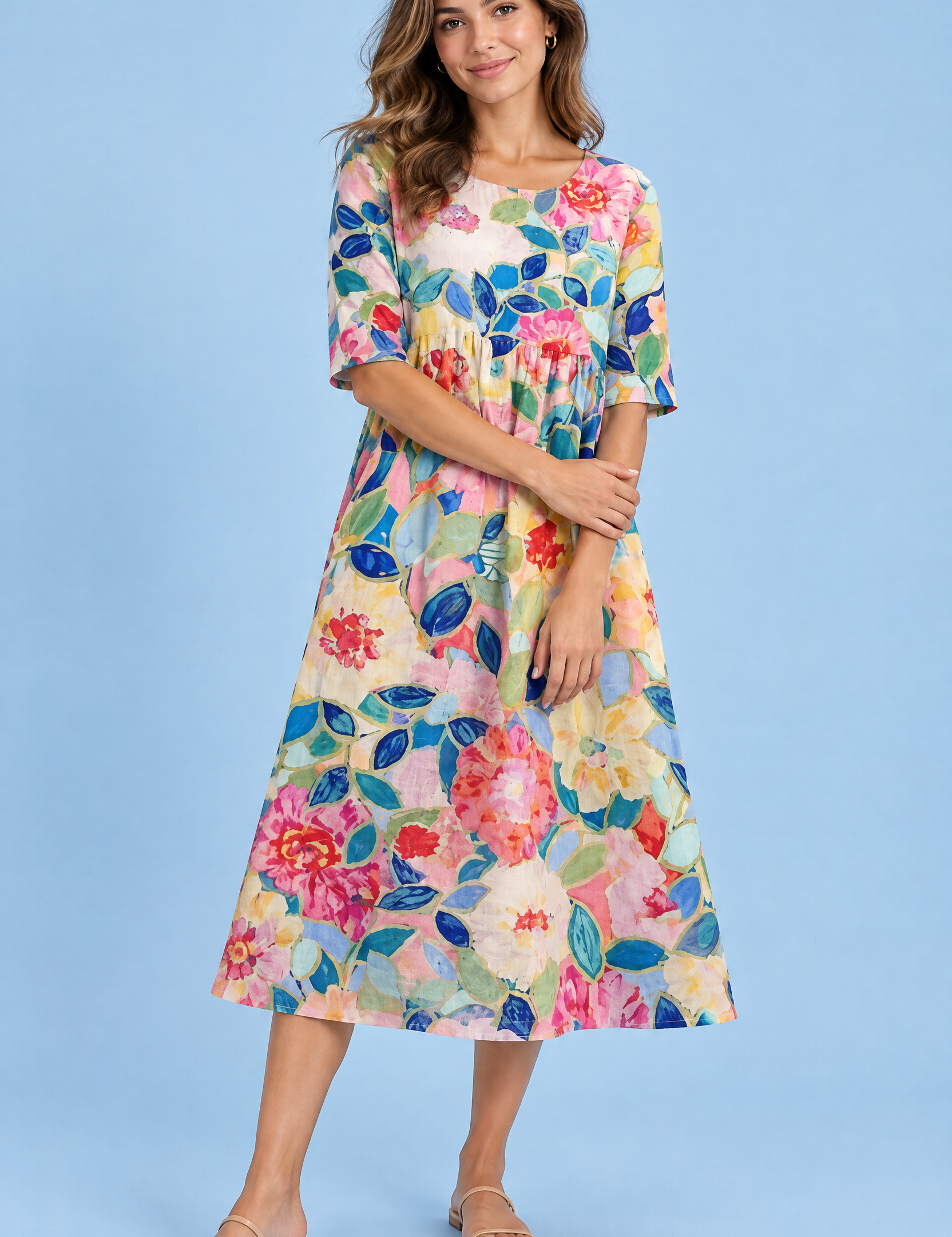 Robe midi trapèze à motif floral blanc cassé | Vue de face | Lounelle Paris