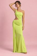 Vestido maxi assimétrico verde com saia envelope