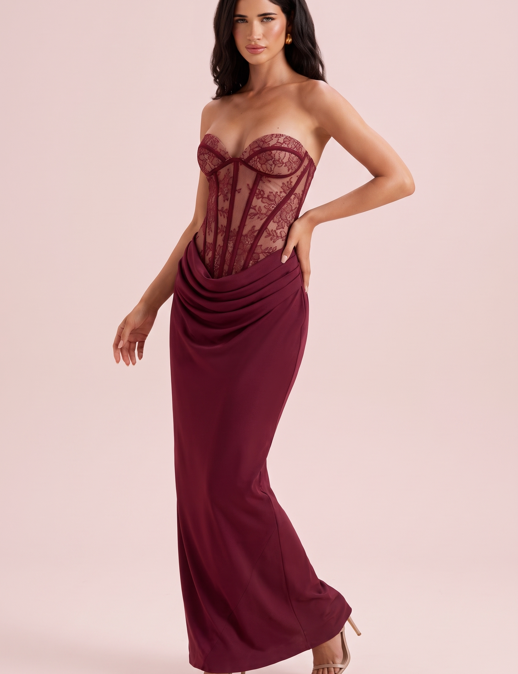 Robe longue bustier à corsage corset bordeaux | Vue de face | Lounelle Paris