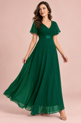 Vestido verde-esmeralda plissado com decote em V
