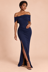 Vestido comprido azul-marinho Bardot com laço e fenda alta