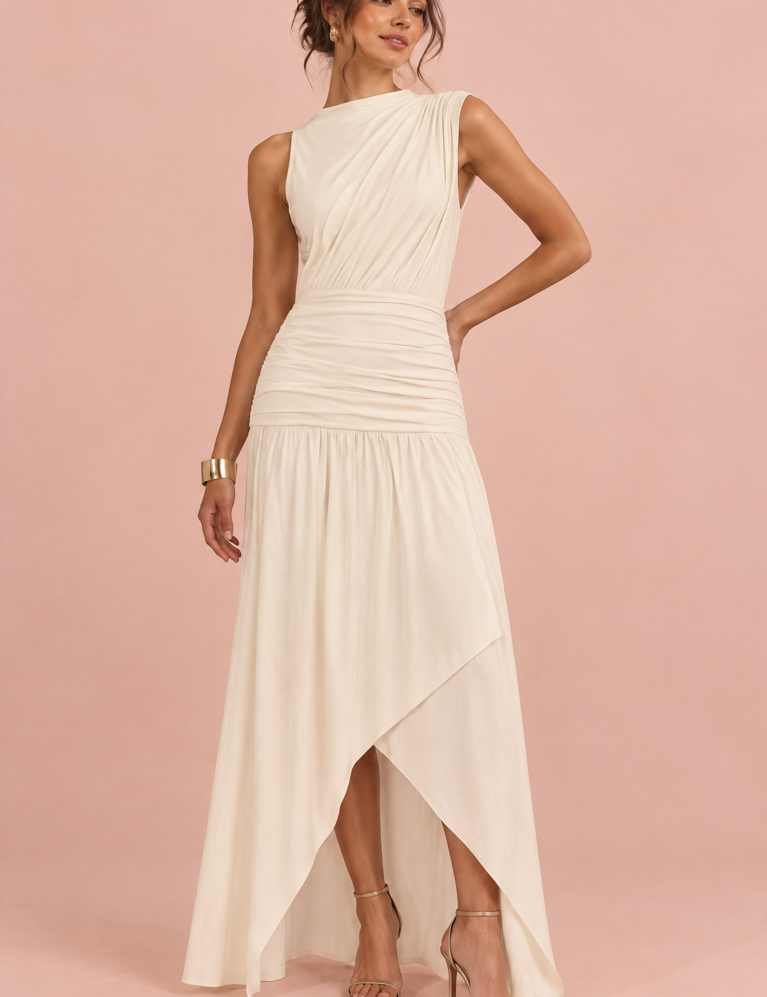 Robe longue blanc cassé à col montant et détails froncés | Vue de face | Lounelle Paris