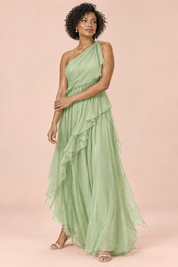Robe verte asymétrique à volants | Porté sur une autre silhouette | Lounelle Paris