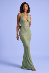 Vestido Maxi Verde com Lantejoulas e Decote Halter