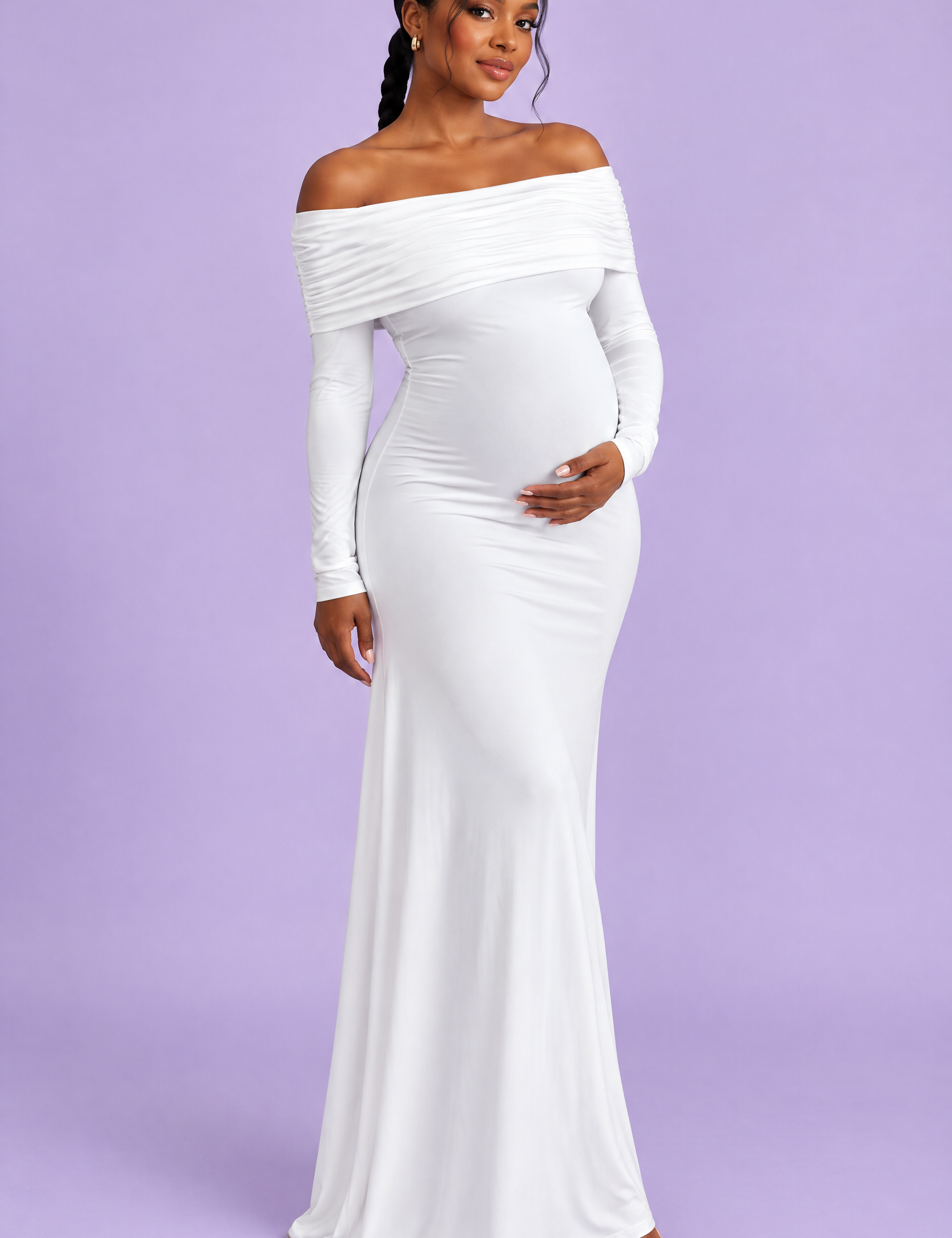 Robe longue de grossesse blanche en résille froncée à col Bardot | Vue de face | Lounelle Paris