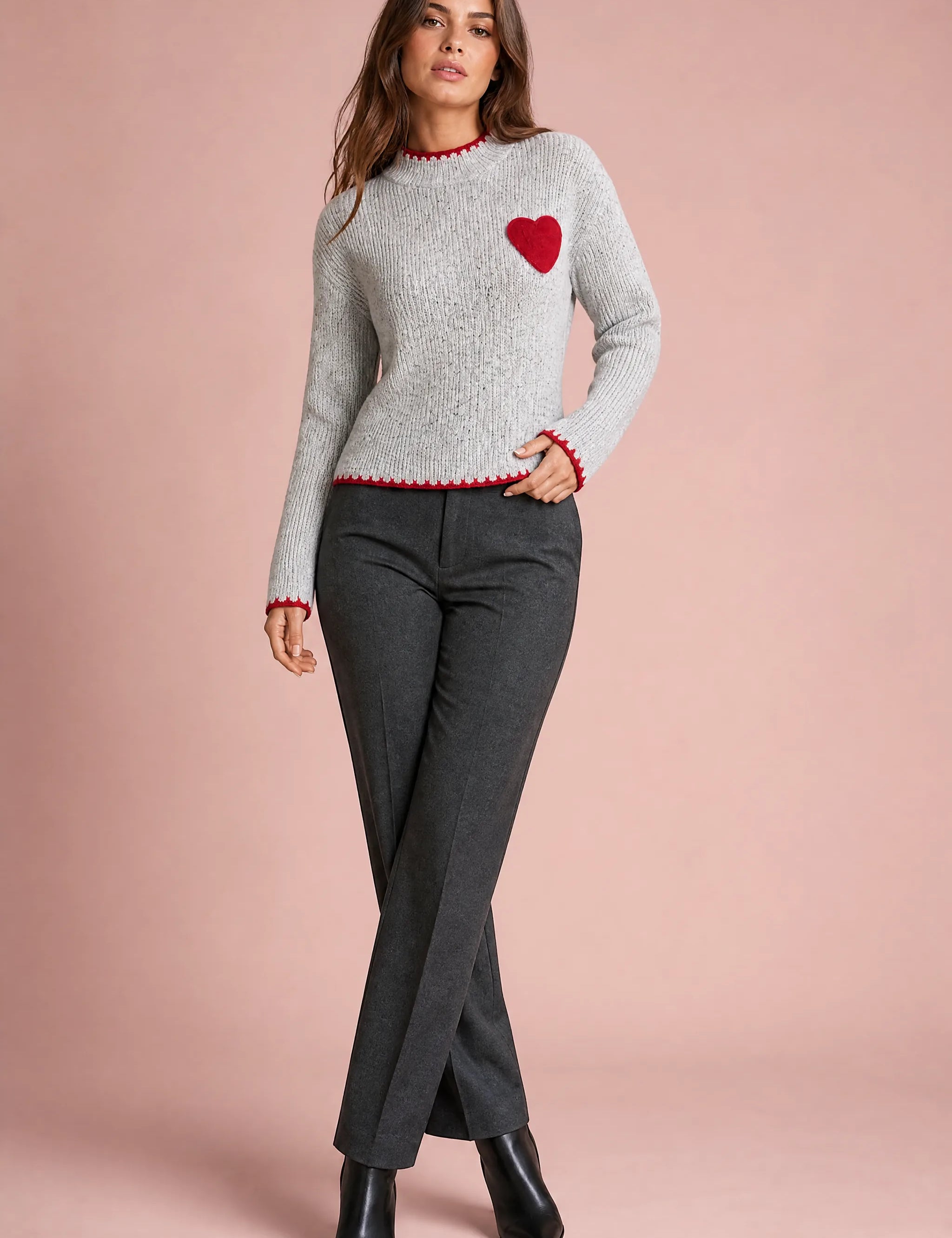 Pull gris col montant motif cœur | Vue de face | Lounelle Paris