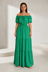 Vestido de ombros nus com folhos