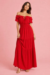 Vestido de ombros nus com folhos