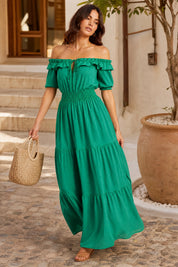 Robe à volants épaules dénudées | Variante Vert - Lifestyle | Lounelle Paris