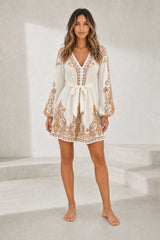 Robe abricot col V manches bouffantes