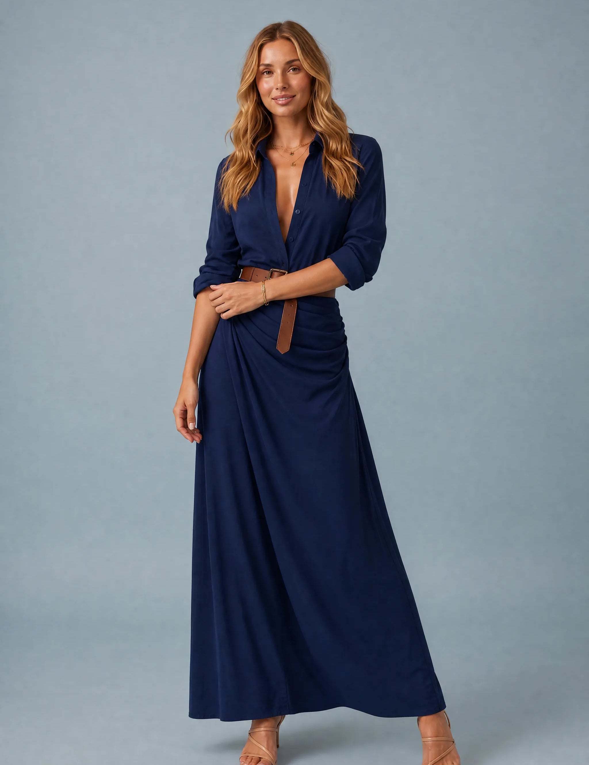 Robe col chemise ceinturée | Variante Bleu marine | Lounelle Paris