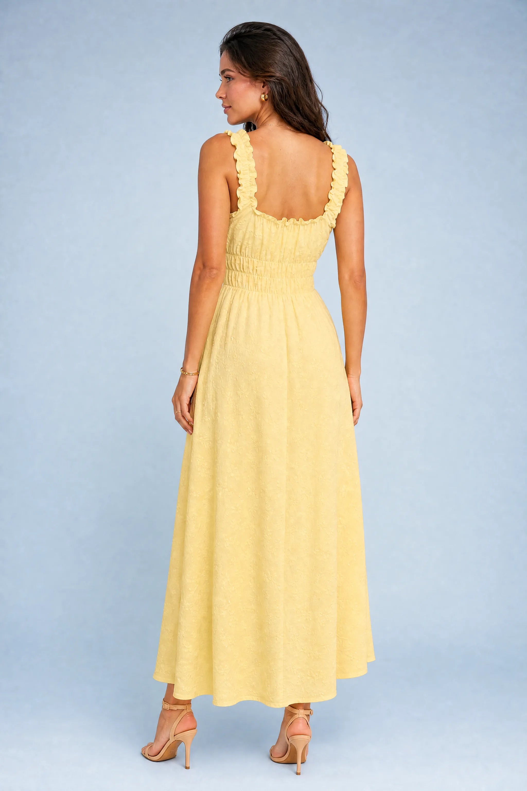 Robe jaune encolure carrée bretelles volantées | Vue de dos | Lounelle Paris