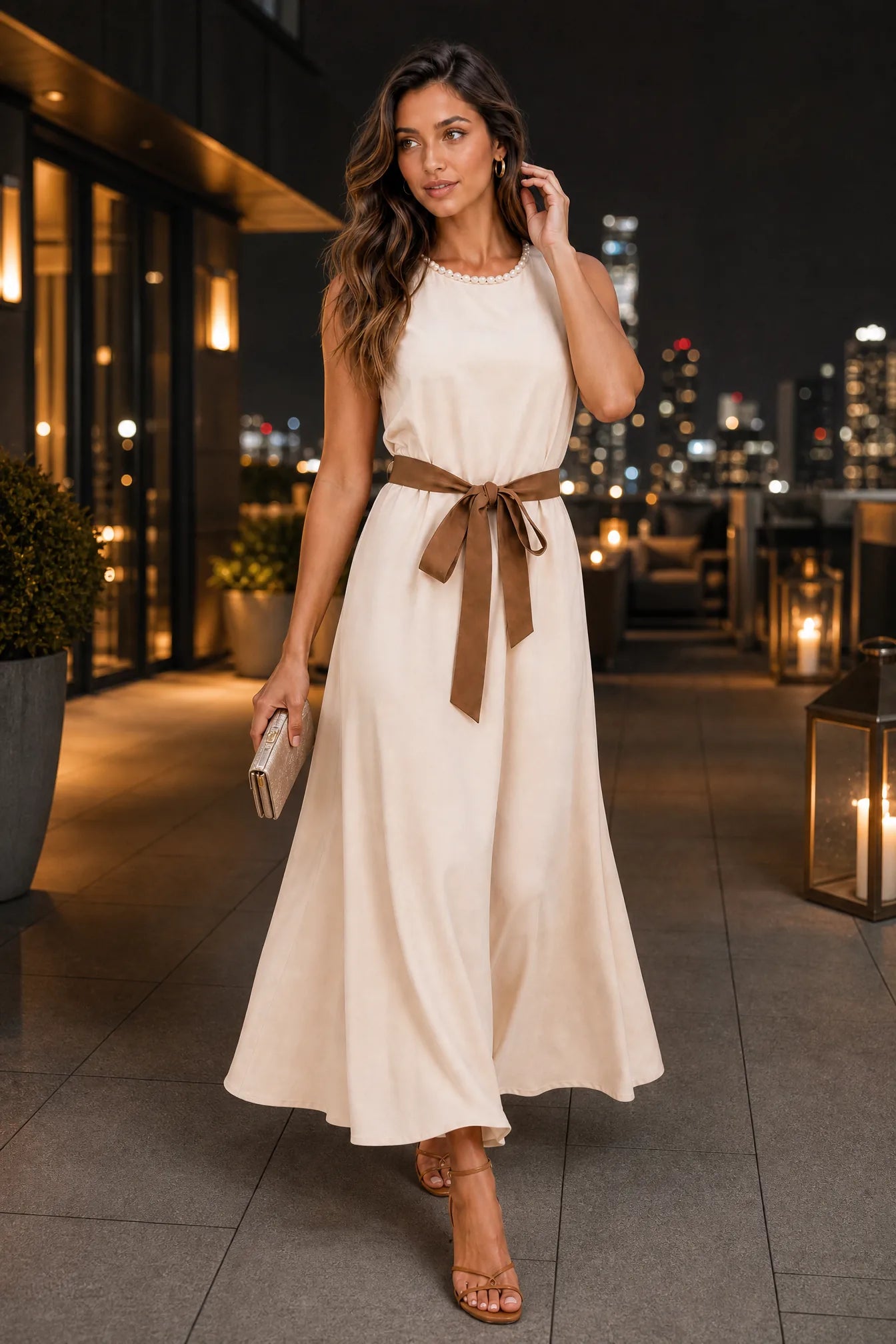 Robe longue abricot sans manches ceinturée | Deuxième photo lifestyle | Lounelle Paris