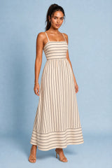Vestido longo bege listrado de costas nuas