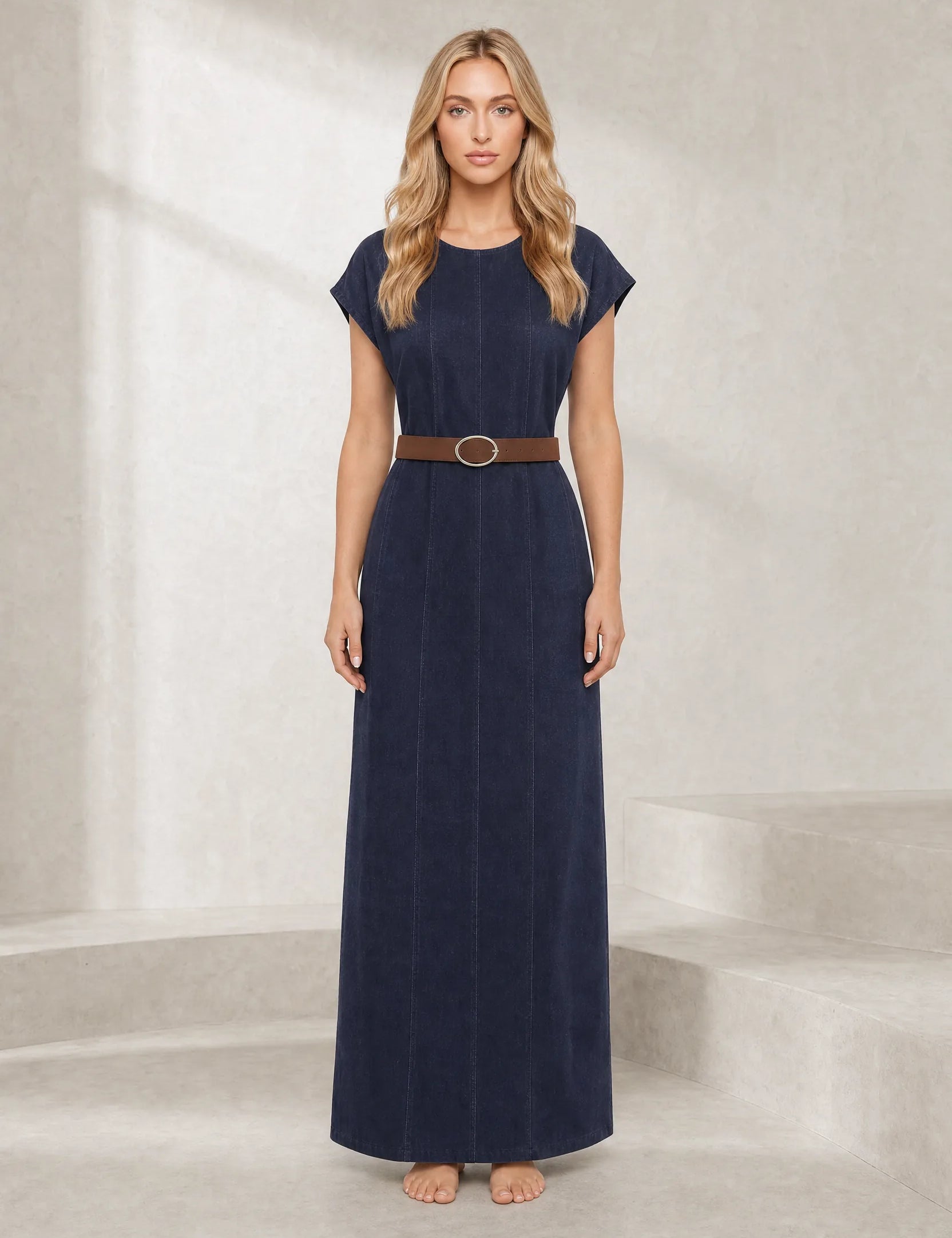 Robe longue bleu foncé ceinturée | Lounelle Paris