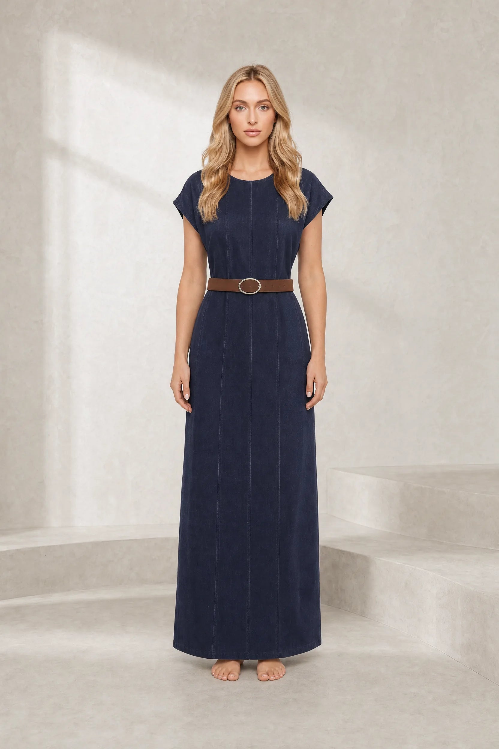 Robe longue bleu foncé ceinturée | Lounelle Paris