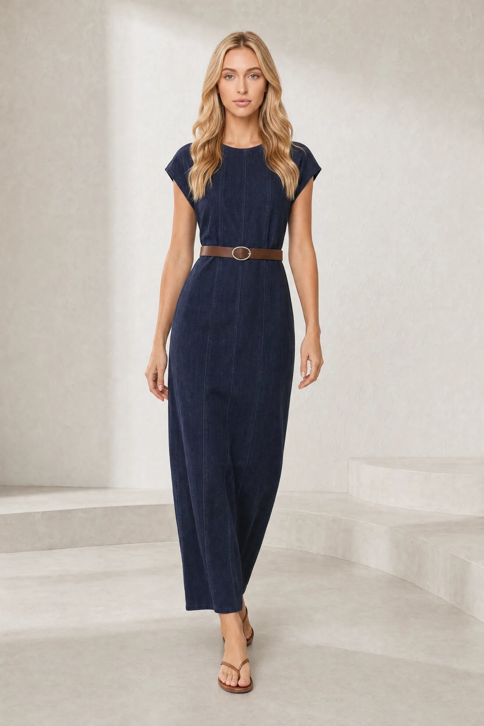 Robe longue bleu foncé ceinturée | Lounelle Paris