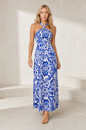Robe longue bleue col halter dos nu | Lounelle Paris