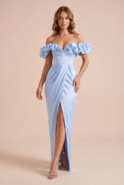Robe longue bleue fendue épaules dénudées | Vue de face | Lounelle Paris