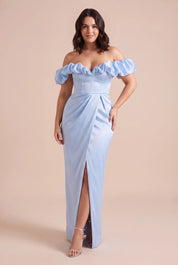 Robe longue bleue fendue épaules dénudées | Porté sur une autre silhouette | Lounelle Paris