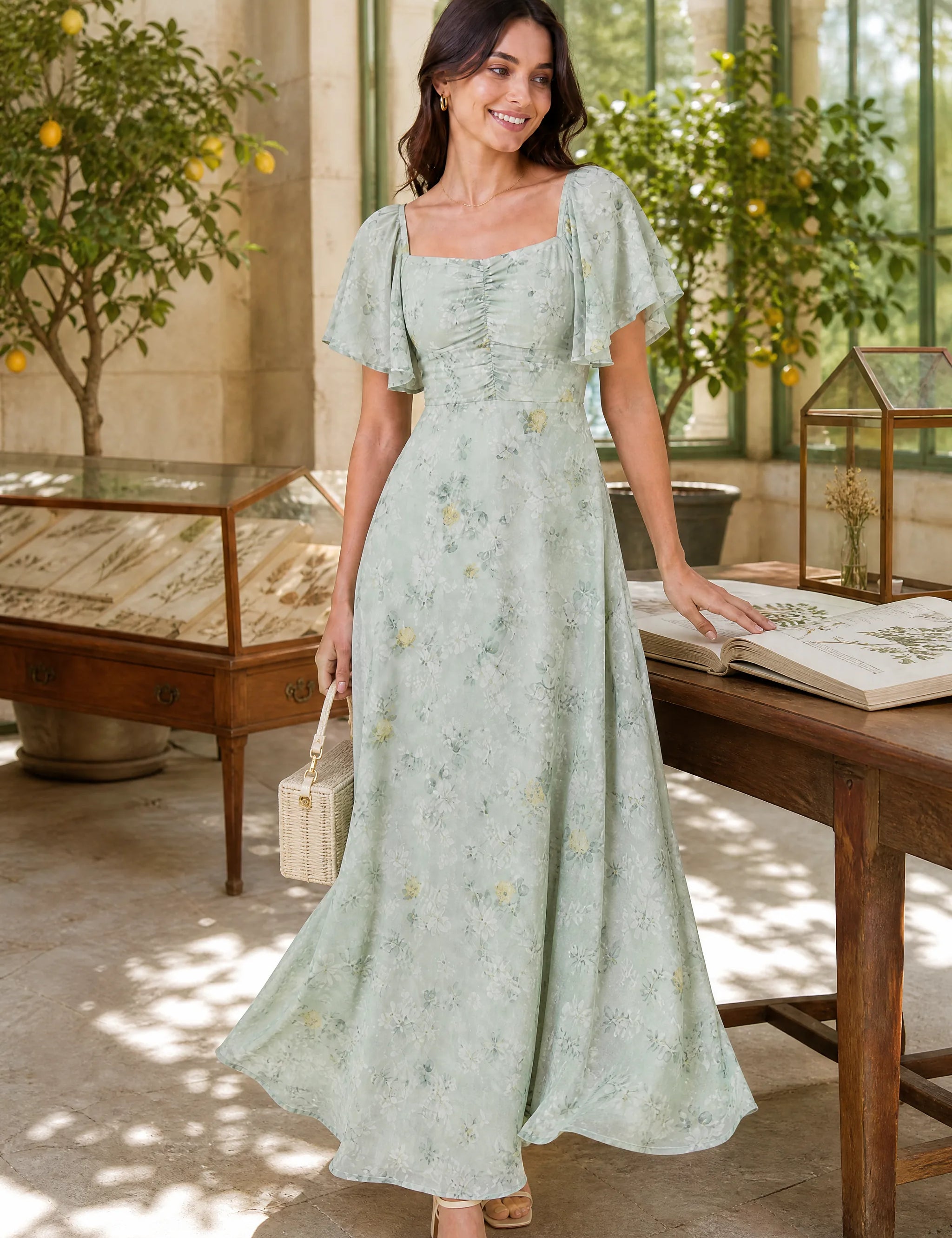 Robe longue col carré manches volantées | Photo lifestyle | Lounelle Paris