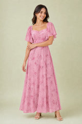 Vestido longo decote quadrado mangas babados