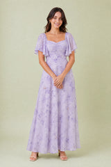 Vestido longo decote quadrado mangas babados
