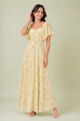 Vestido longo decote quadrado mangas babados