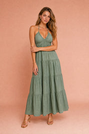 Robe longue col halter dos nu | Variante Vert | Lounelle Paris