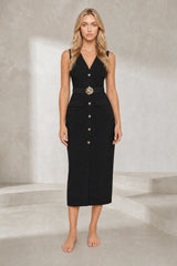 Robe longue col V ceinturée