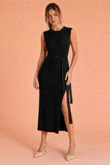 Vestido longo de malha com fenda