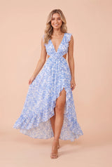 Vestido longo florido de costas nuas