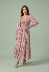 Vestido longo floral com mangas bufantes