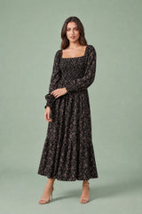 Vestido longo floral com mangas bufantes