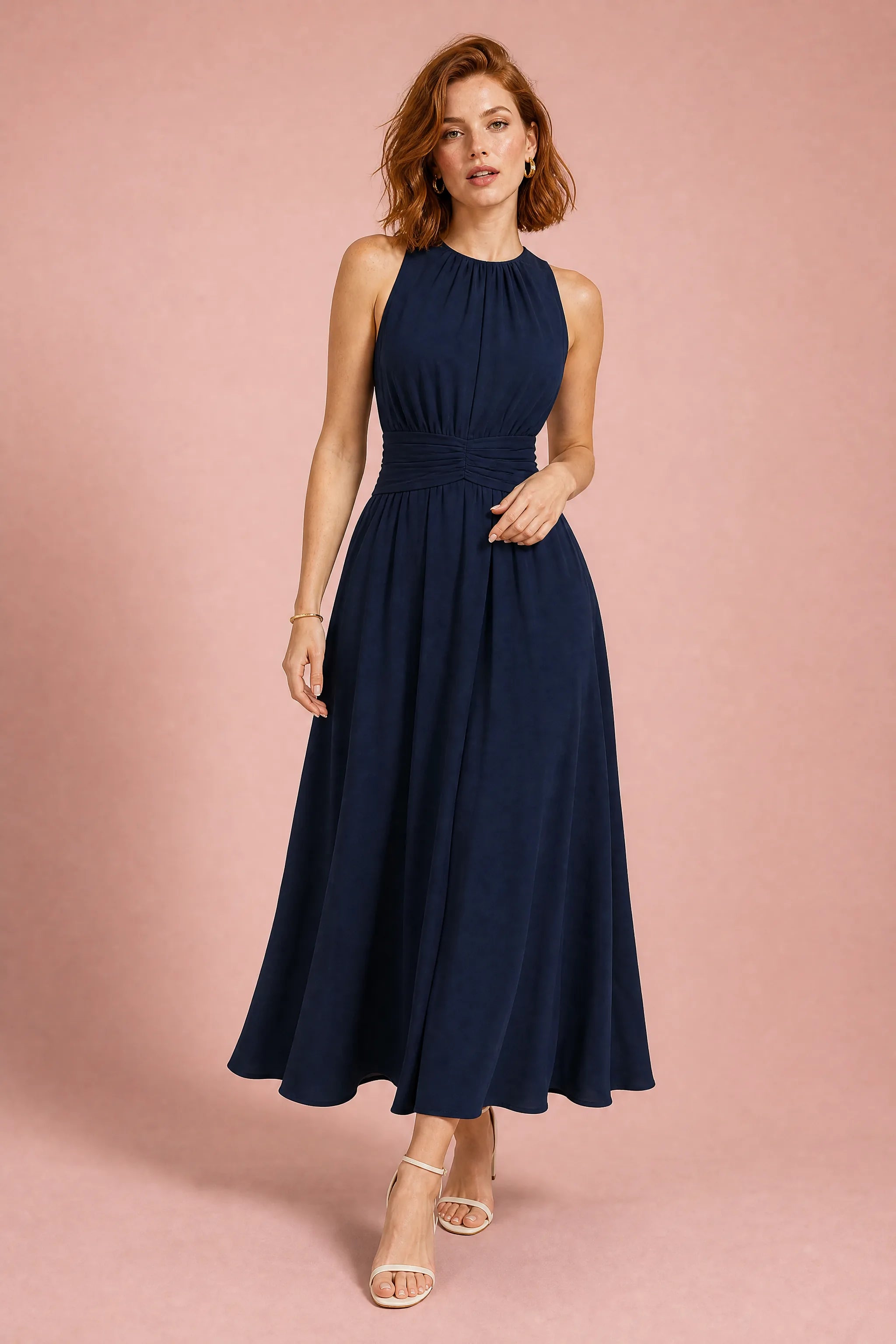 Robe longue fluide taille drapée | Vue de face | Lounelle Paris