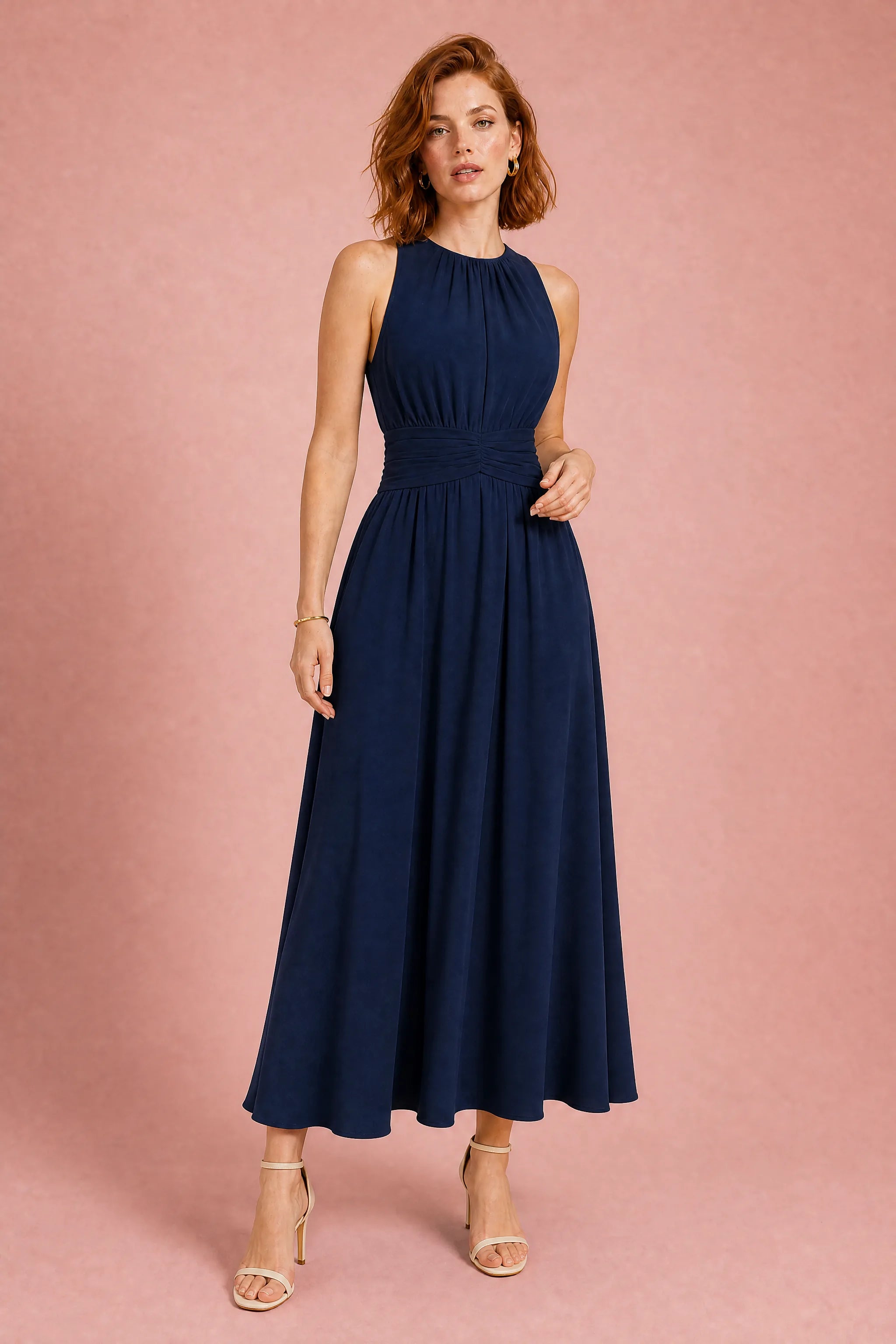 Robe longue fluide taille drapée | Variante Bleu marine | Lounelle Paris