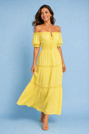 Robe longue jaune épaules dénudées | Vue en mouvement | Lounelle Paris
