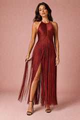 Vestido longo halter com franjas