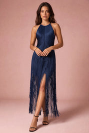 Robe longue licou à franges | Variante Bleu | Lounelle Paris