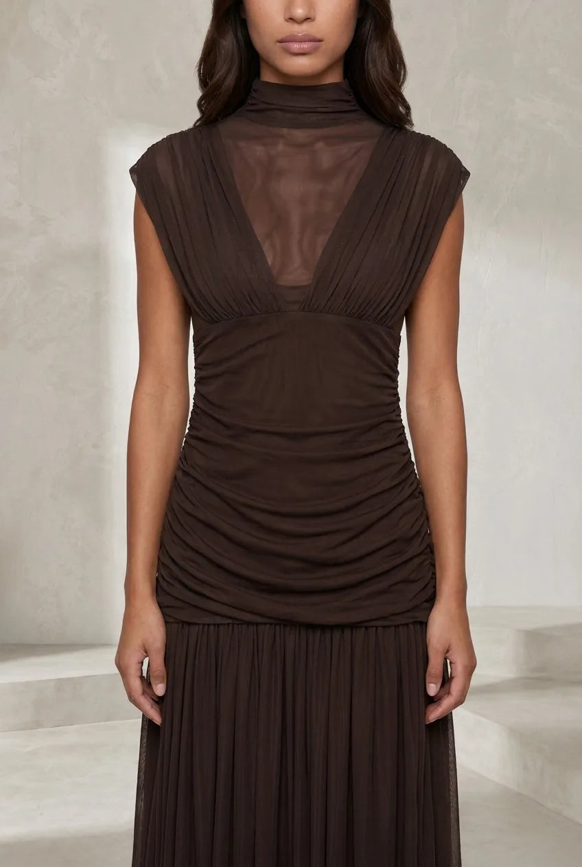 Robe longue marron col maille | Lounelle Paris