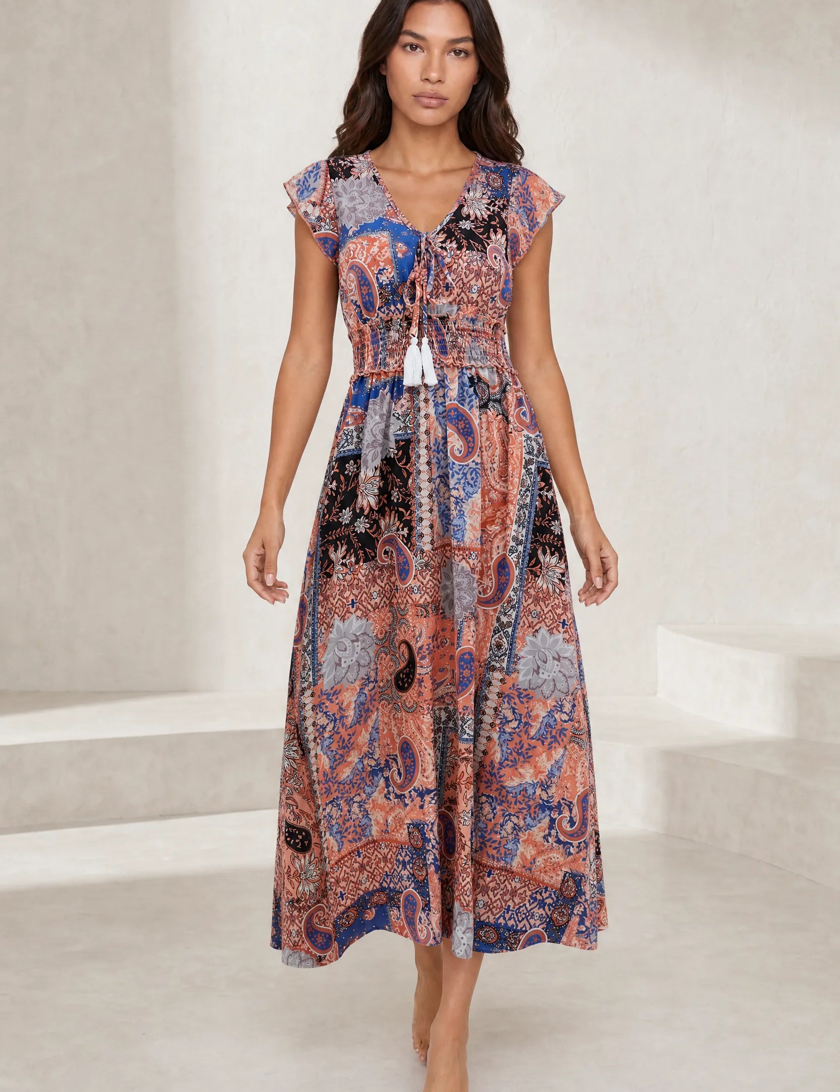 Robe longue marron col V | Lounelle Paris